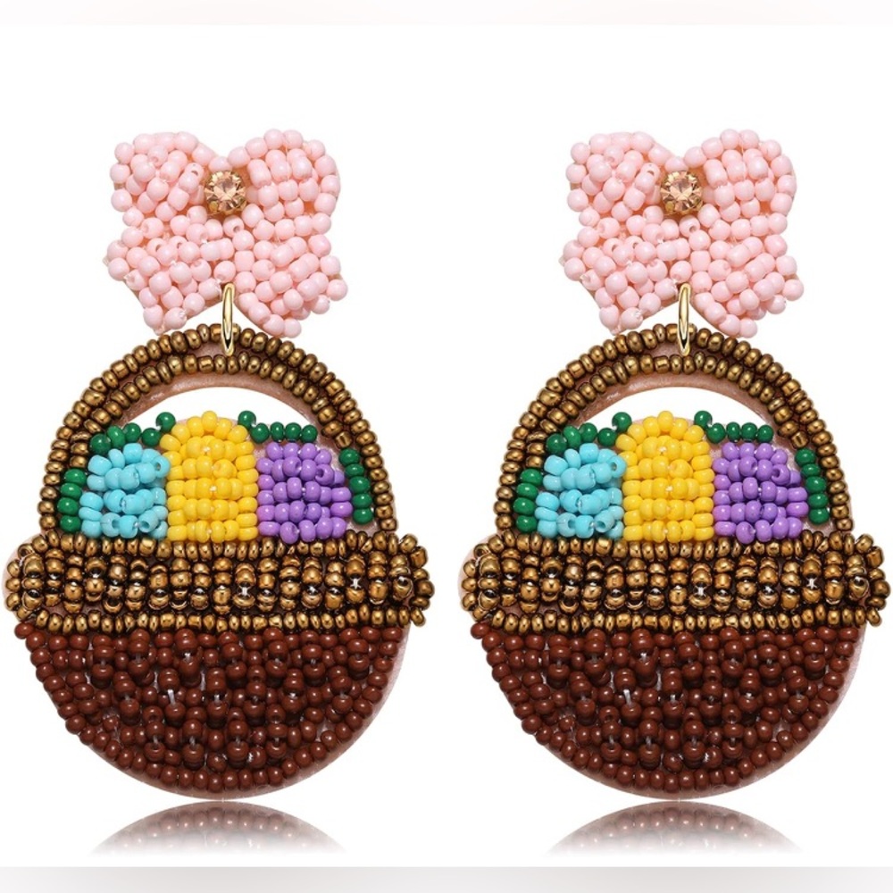 Beaded Easter Basket Earrings with Pink Floral Accent